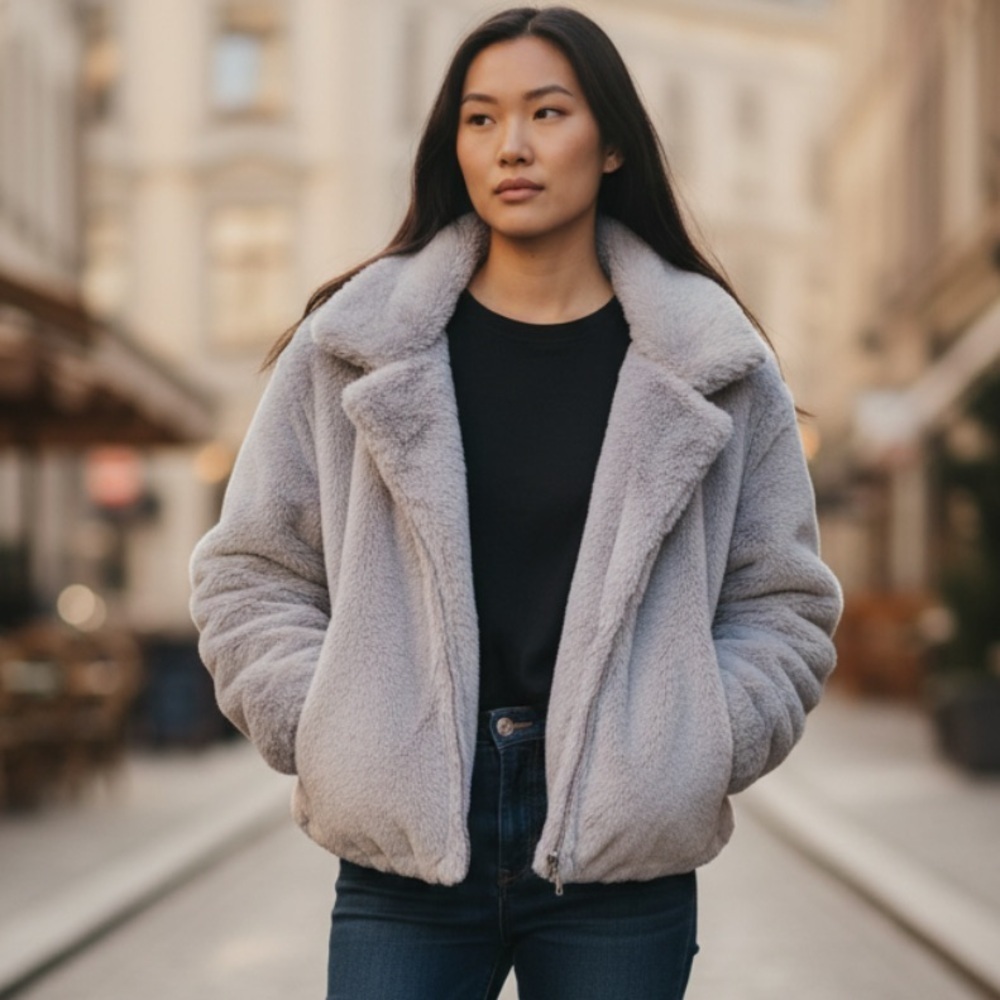 Violet faux fur zip up coat m
